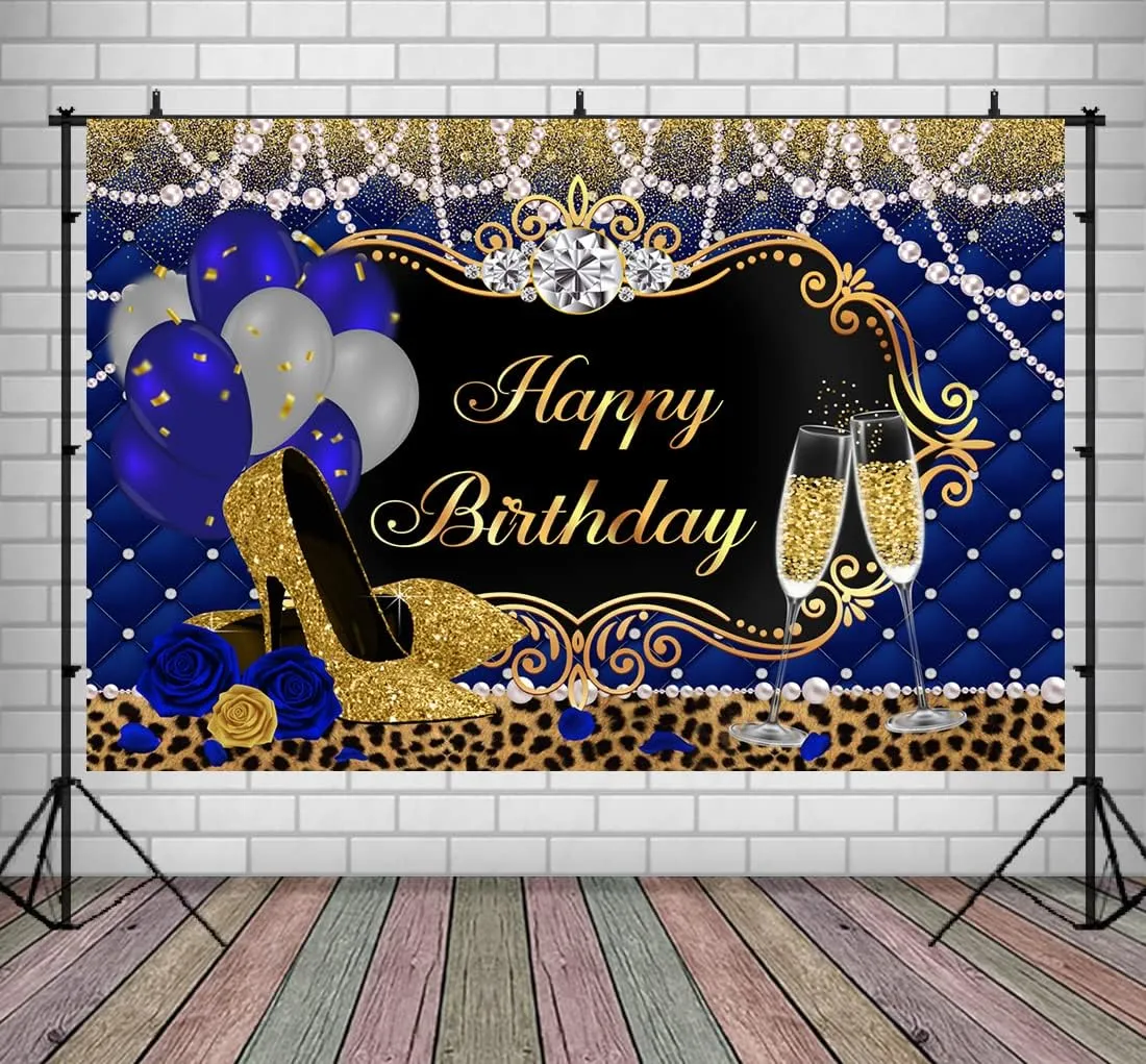 Lofaris Gold and Royal Blue Birthday Backdrop for Women Happy Birthday Party Background High Heels Blue and Sliver Balloons Pearl Leopard Decorations for Any Age Adults Women Party Banner 9x6ft