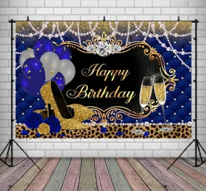 Lofaris Gold and Royal Blue Birthday Backdrop for Women Happy Birthday Party Background High Heels Blue and Sliver Balloons Pearl Leopard Decorations for Any Age Adults Women Party Banner 9x6ft