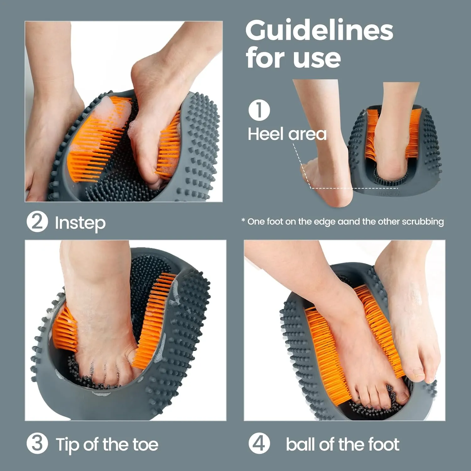 Lu-lala Shower Foot Scrubber - Portable Manual Foot Massager Cleaner Care for Soothe Feet Neuropathy Achy, Improve Foot Circulation - Wet and Dry use, Fits Plus Size Feet (Gray-Orange)