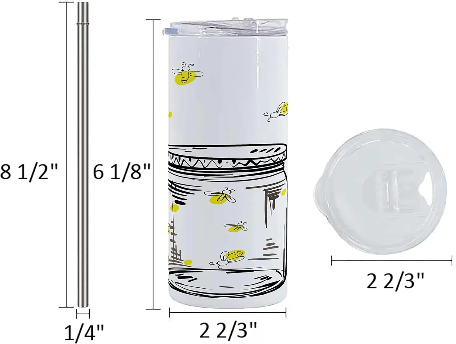 Lunarable Firefly 12 Oz Skinny Tumbler, Hand Drawn Yellow Spotted Fireflies Flying Around a Jar Design, Vacuum Insulated Travel Canteen Cup Leakproof for Travel Picnic, Black Umber and Yellow