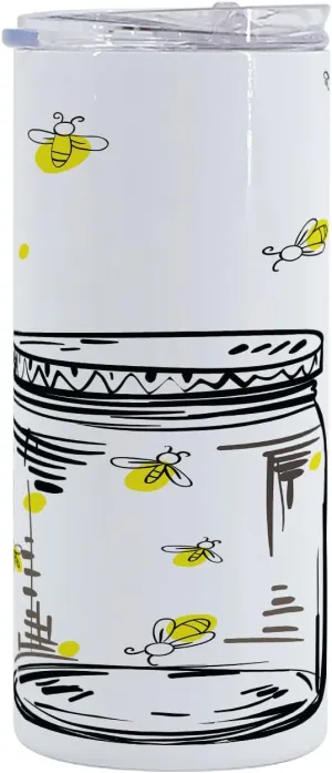 Lunarable Firefly 12 Oz Skinny Tumbler, Hand Drawn Yellow Spotted Fireflies Flying Around a Jar Design, Vacuum Insulated Travel Canteen Cup Leakproof for Travel Picnic, Black Umber and Yellow