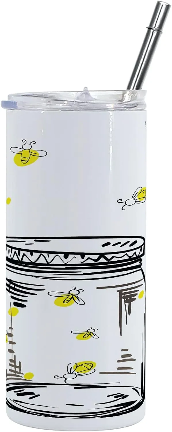 Lunarable Firefly 12 Oz Skinny Tumbler, Hand Drawn Yellow Spotted Fireflies Flying Around a Jar Design, Vacuum Insulated Travel Canteen Cup Leakproof for Travel Picnic, Black Umber and Yellow