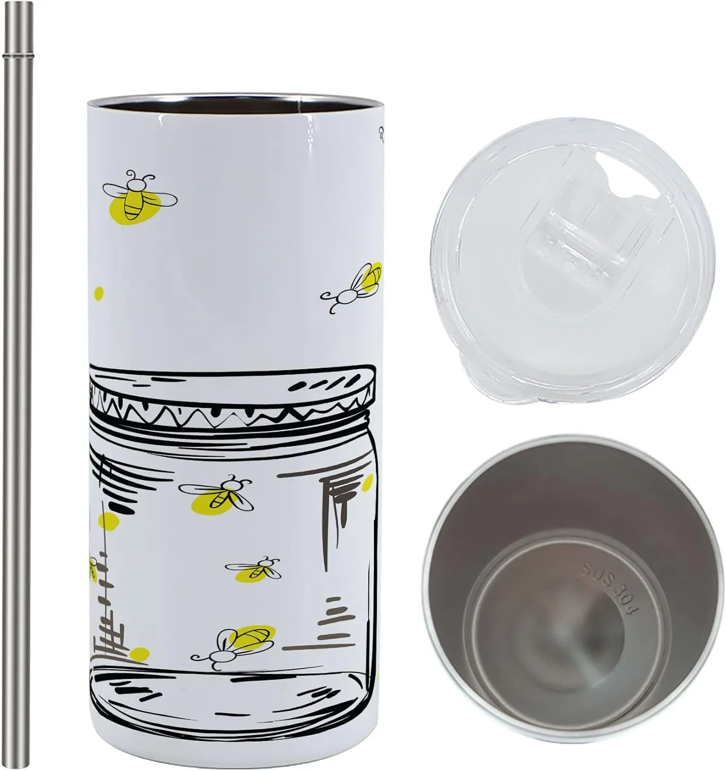 Lunarable Firefly 12 Oz Skinny Tumbler, Hand Drawn Yellow Spotted Fireflies Flying Around a Jar Design, Vacuum Insulated Travel Canteen Cup Leakproof for Travel Picnic, Black Umber and Yellow