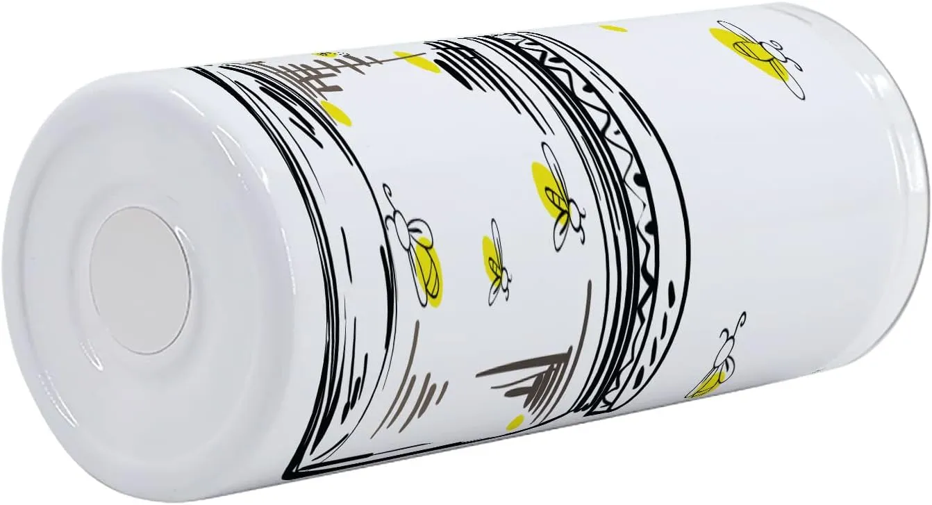 Lunarable Firefly 12 Oz Skinny Tumbler, Hand Drawn Yellow Spotted Fireflies Flying Around a Jar Design, Vacuum Insulated Travel Canteen Cup Leakproof for Travel Picnic, Black Umber and Yellow