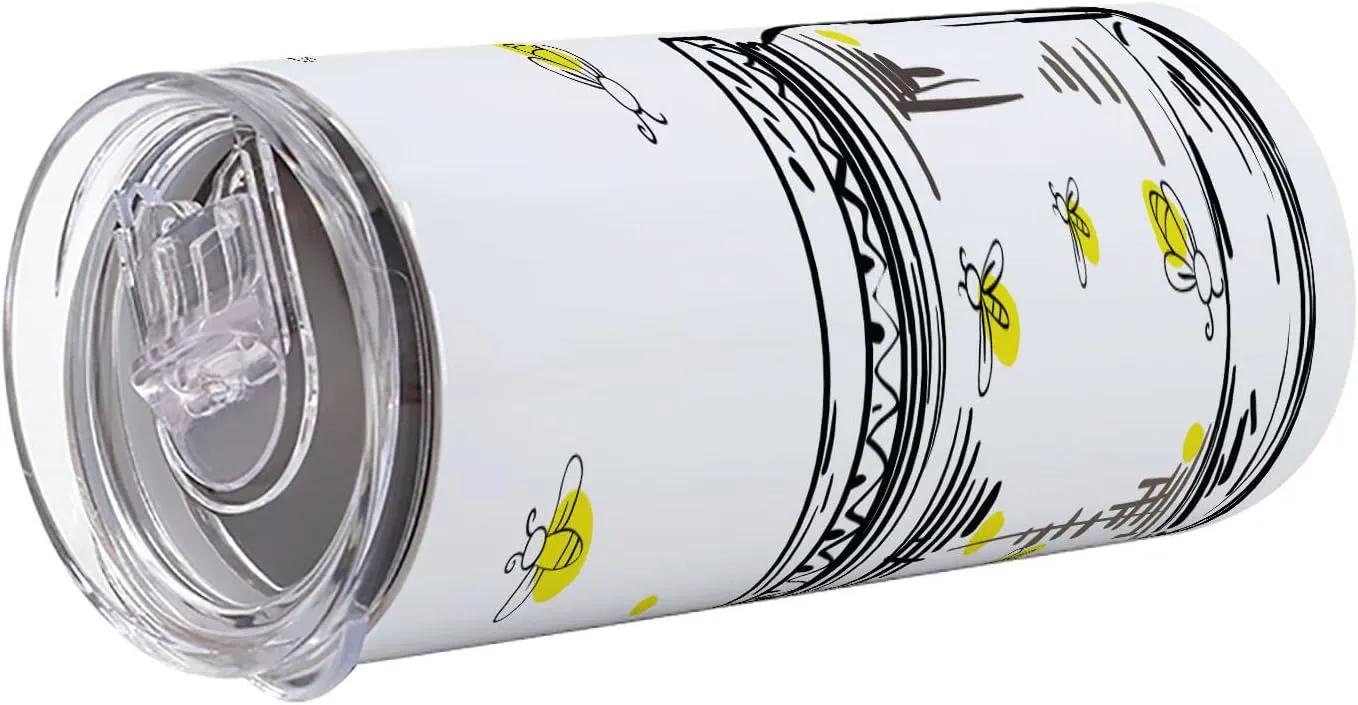 Lunarable Firefly 12 Oz Skinny Tumbler, Hand Drawn Yellow Spotted Fireflies Flying Around a Jar Design, Vacuum Insulated Travel Canteen Cup Leakproof for Travel Picnic, Black Umber and Yellow