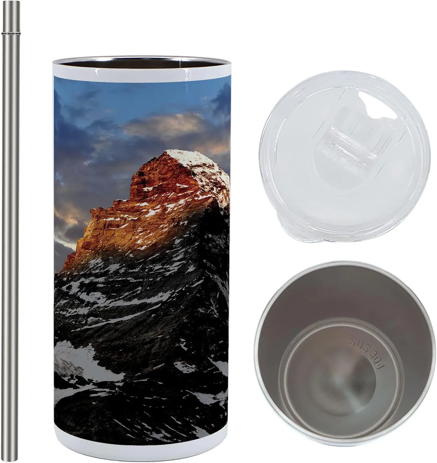 Lunarable Mountain 12 Oz Skinny Tumbler, Sunrise at Matterhorn Twilight on a Snowy Mountain Serenity in the Nature, Vacuum Insulated Travel Canteen Cup Leakproof for Travel Picnic, Black White Brown