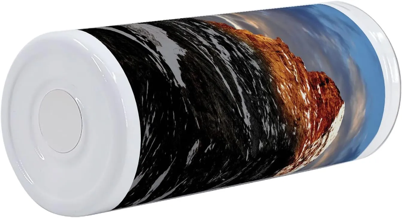 Lunarable Mountain 12 Oz Skinny Tumbler, Sunrise at Matterhorn Twilight on a Snowy Mountain Serenity in the Nature, Vacuum Insulated Travel Canteen Cup Leakproof for Travel Picnic, Black White Brown