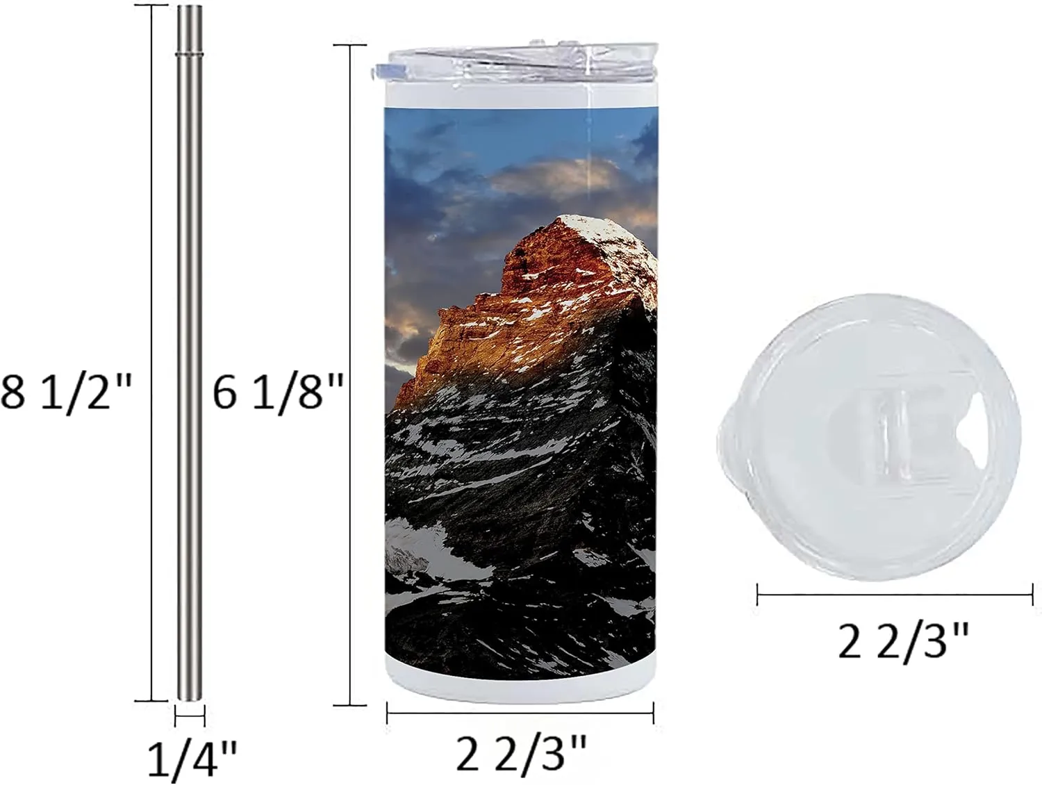Lunarable Mountain 12 Oz Skinny Tumbler, Sunrise at Matterhorn Twilight on a Snowy Mountain Serenity in the Nature, Vacuum Insulated Travel Canteen Cup Leakproof for Travel Picnic, Black White Brown