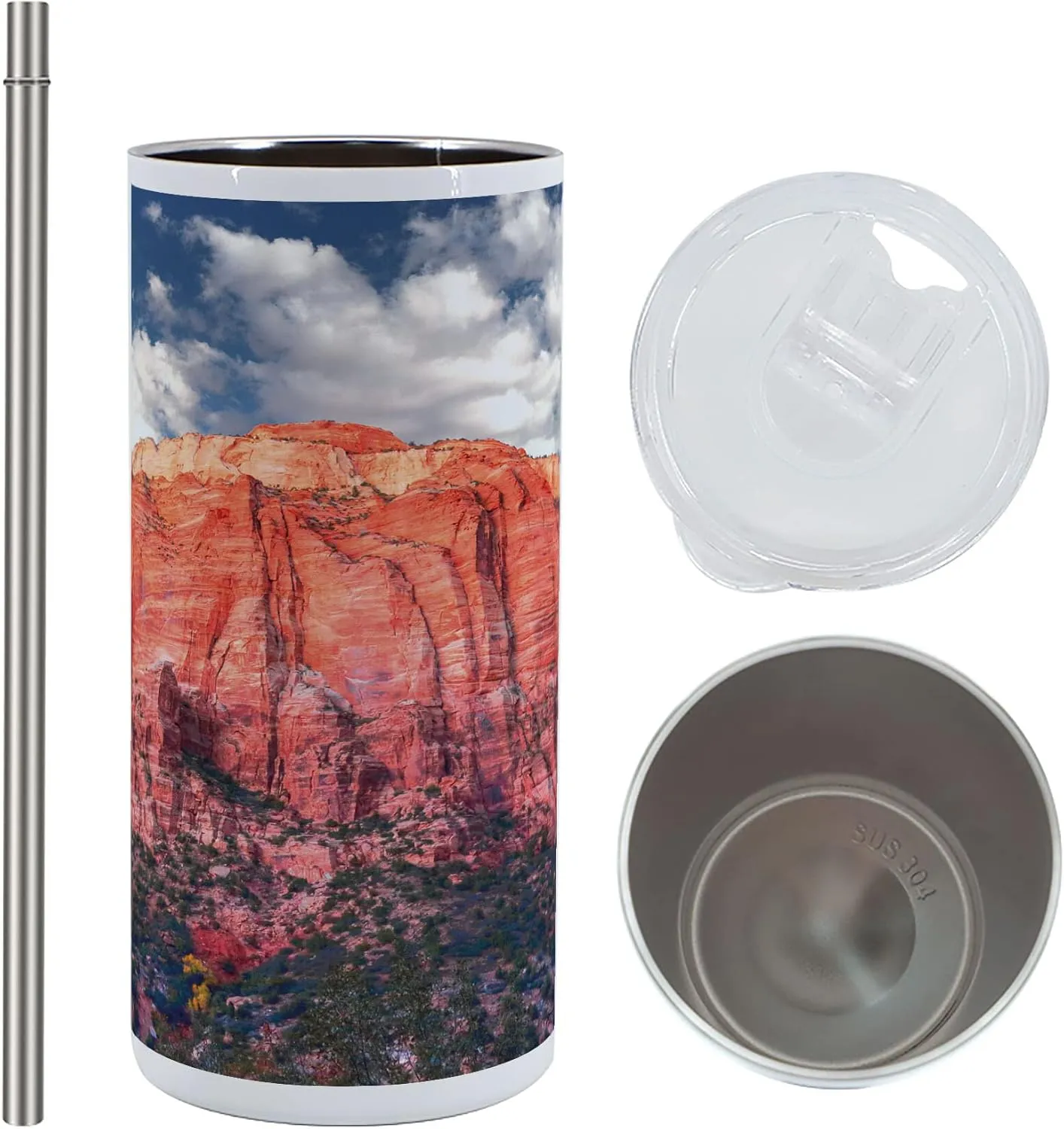 Lunarable Zion National Park 12 Oz Skinny Tumbler, Panoramic Picture of Rocky Canyon at Sunset, Vacuum Insulated Travel Canteen Cup Leakproof for Travel Picnic, Coral Sky Blue