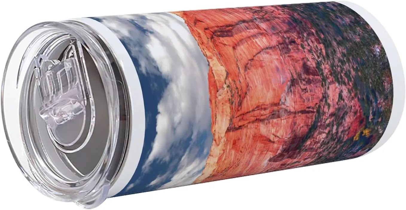 Lunarable Zion National Park 12 Oz Skinny Tumbler, Panoramic Picture of Rocky Canyon at Sunset, Vacuum Insulated Travel Canteen Cup Leakproof for Travel Picnic, Coral Sky Blue