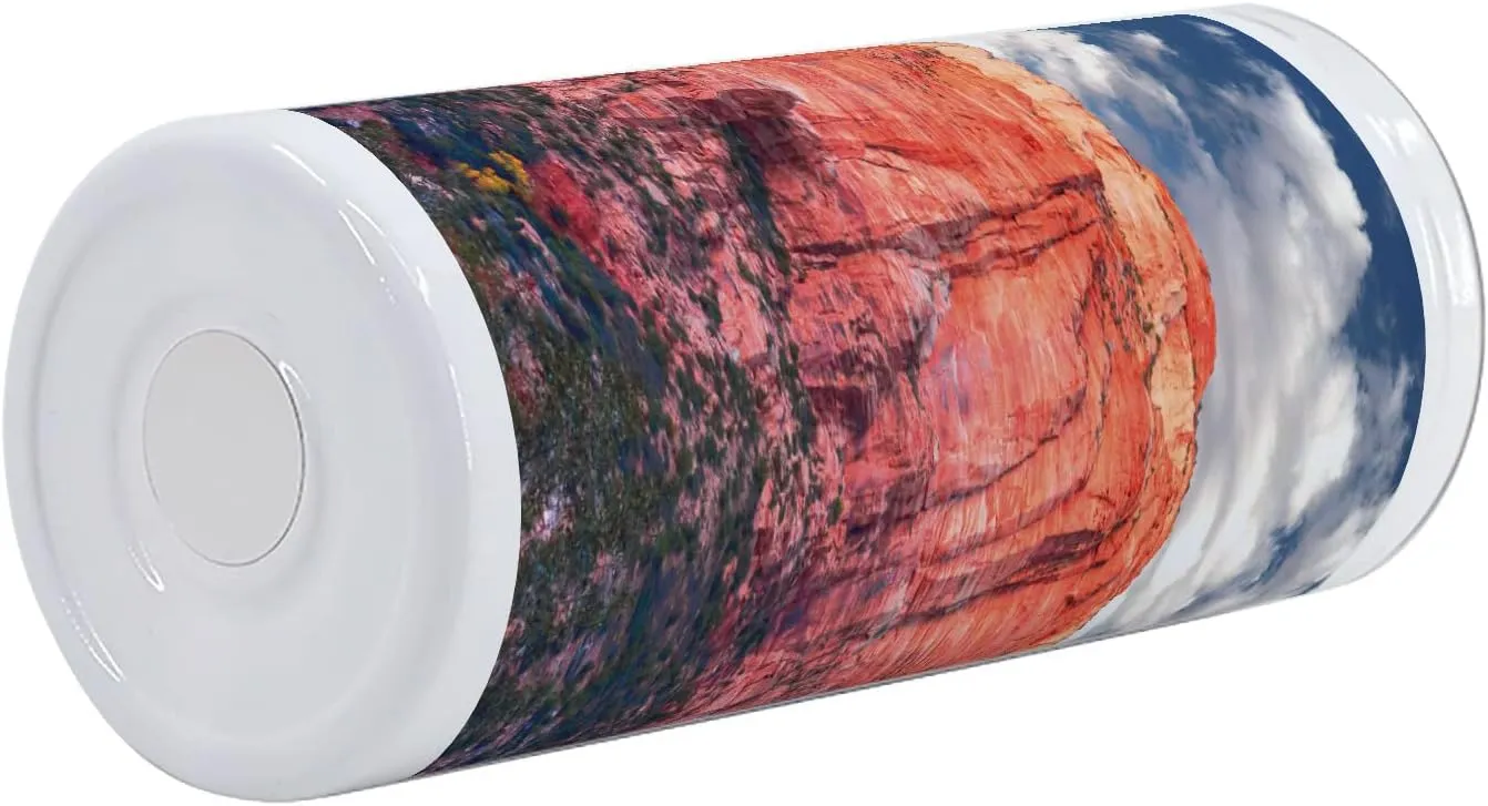 Lunarable Zion National Park 12 Oz Skinny Tumbler, Panoramic Picture of Rocky Canyon at Sunset, Vacuum Insulated Travel Canteen Cup Leakproof for Travel Picnic, Coral Sky Blue