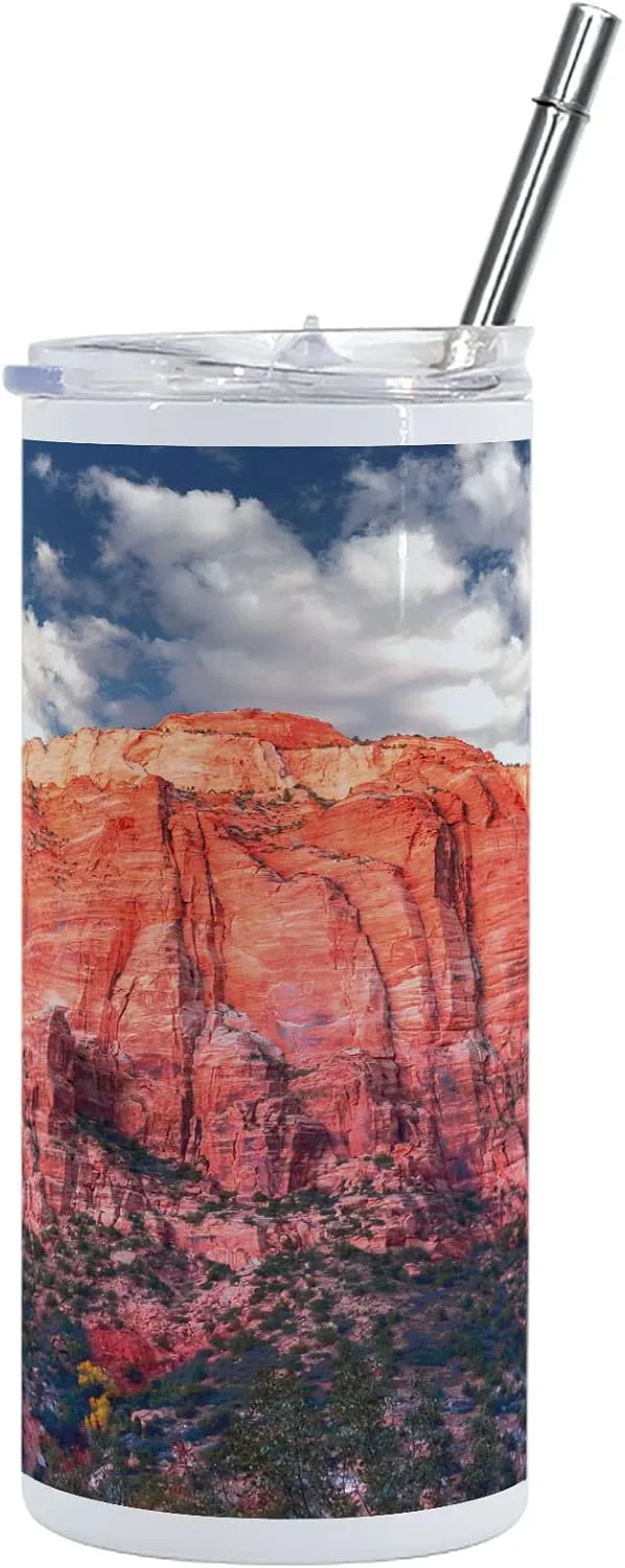 Lunarable Zion National Park 12 Oz Skinny Tumbler, Panoramic Picture of Rocky Canyon at Sunset, Vacuum Insulated Travel Canteen Cup Leakproof for Travel Picnic, Coral Sky Blue