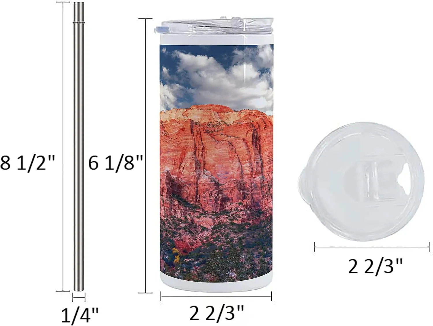Lunarable Zion National Park 12 Oz Skinny Tumbler, Panoramic Picture of Rocky Canyon at Sunset, Vacuum Insulated Travel Canteen Cup Leakproof for Travel Picnic, Coral Sky Blue