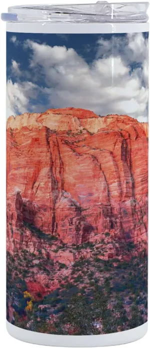 Lunarable Zion National Park 12 Oz Skinny Tumbler, Panoramic Picture of Rocky Canyon at Sunset, Vacuum Insulated Travel Canteen Cup Leakproof for Travel Picnic, Coral Sky Blue