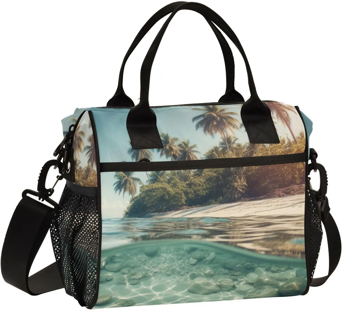 Lunch Bag Coastline Beach Water Palm Lunch Box Cooler Bag Reusable Tote Shoulder Bag Insulated Lunch Bag for Outdoor Picnic Camping