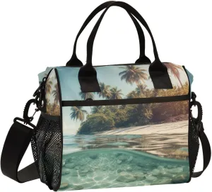 Lunch Bag Coastline Beach Water Palm Lunch Box Cooler Bag Reusable Tote Shoulder Bag Insulated Lunch Bag for Outdoor Picnic Camping