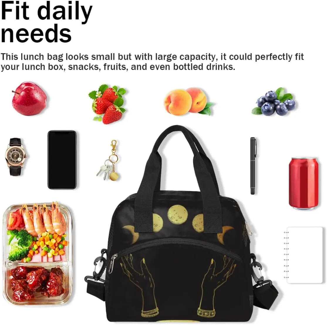 Lunch Bag for Women Men Lunar Variations Reusable Durable Insulated Lunch Box for Work Office Picnic Beach Hiking Lunch Tote Bag with Adjustable Shoulder Strap