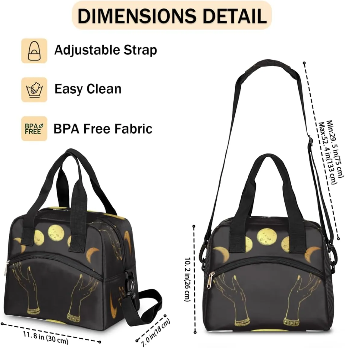 Lunch Bag for Women Men Lunar Variations Reusable Durable Insulated Lunch Box for Work Office Picnic Beach Hiking Lunch Tote Bag with Adjustable Shoulder Strap