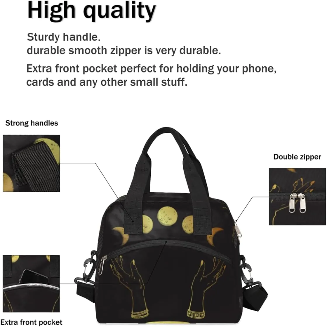 Lunch Bag for Women Men Lunar Variations Reusable Durable Insulated Lunch Box for Work Office Picnic Beach Hiking Lunch Tote Bag with Adjustable Shoulder Strap