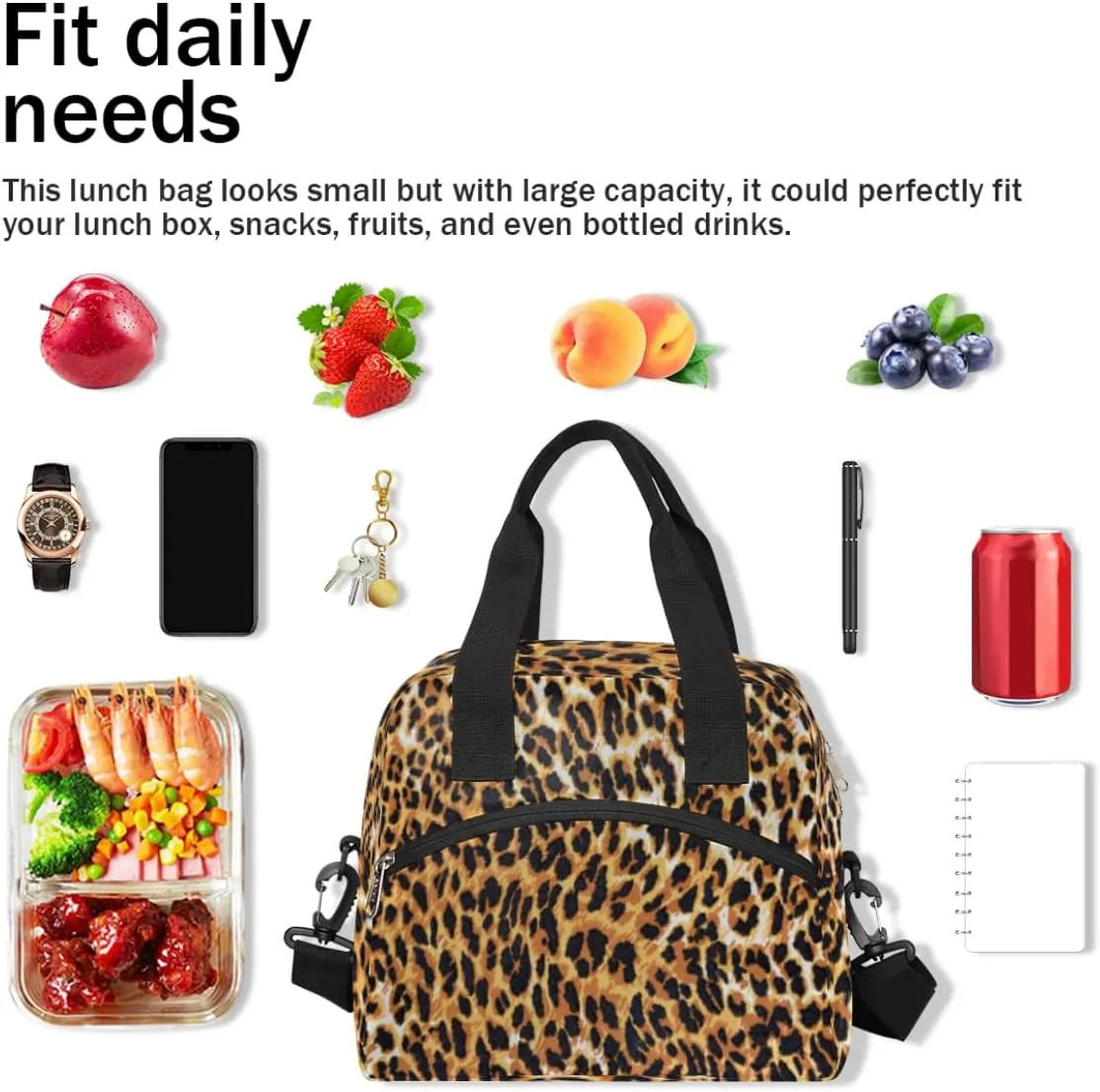Lunch Bag for Women Men Noble Leopard Print Reusable Durable Insulated Lunch Box for Work Office Picnic Beach Hiking Lunch Tote Bag with Adjustable Shoulder Strap