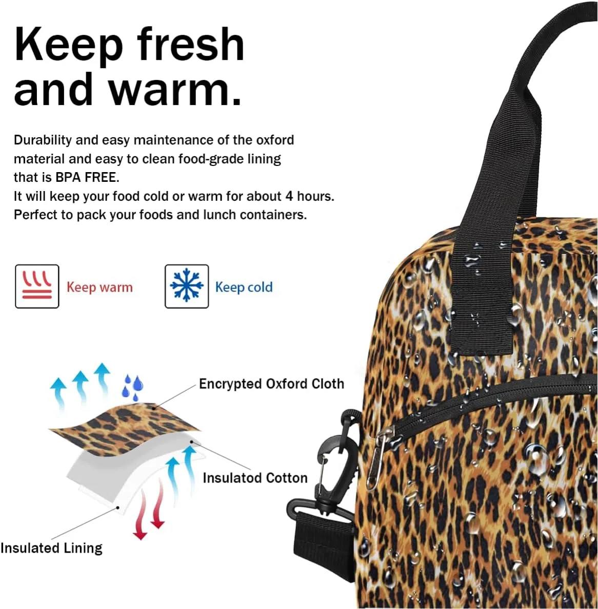 Lunch Bag for Women Men Noble Leopard Print Reusable Durable Insulated Lunch Box for Work Office Picnic Beach Hiking Lunch Tote Bag with Adjustable Shoulder Strap