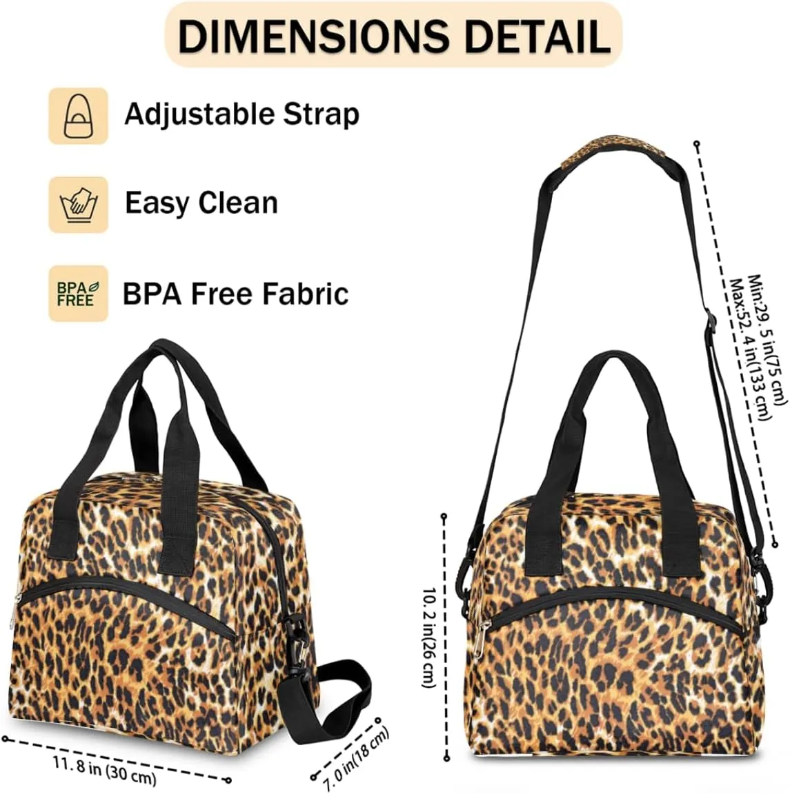 Lunch Bag for Women Men Noble Leopard Print Reusable Durable Insulated Lunch Box for Work Office Picnic Beach Hiking Lunch Tote Bag with Adjustable Shoulder Strap