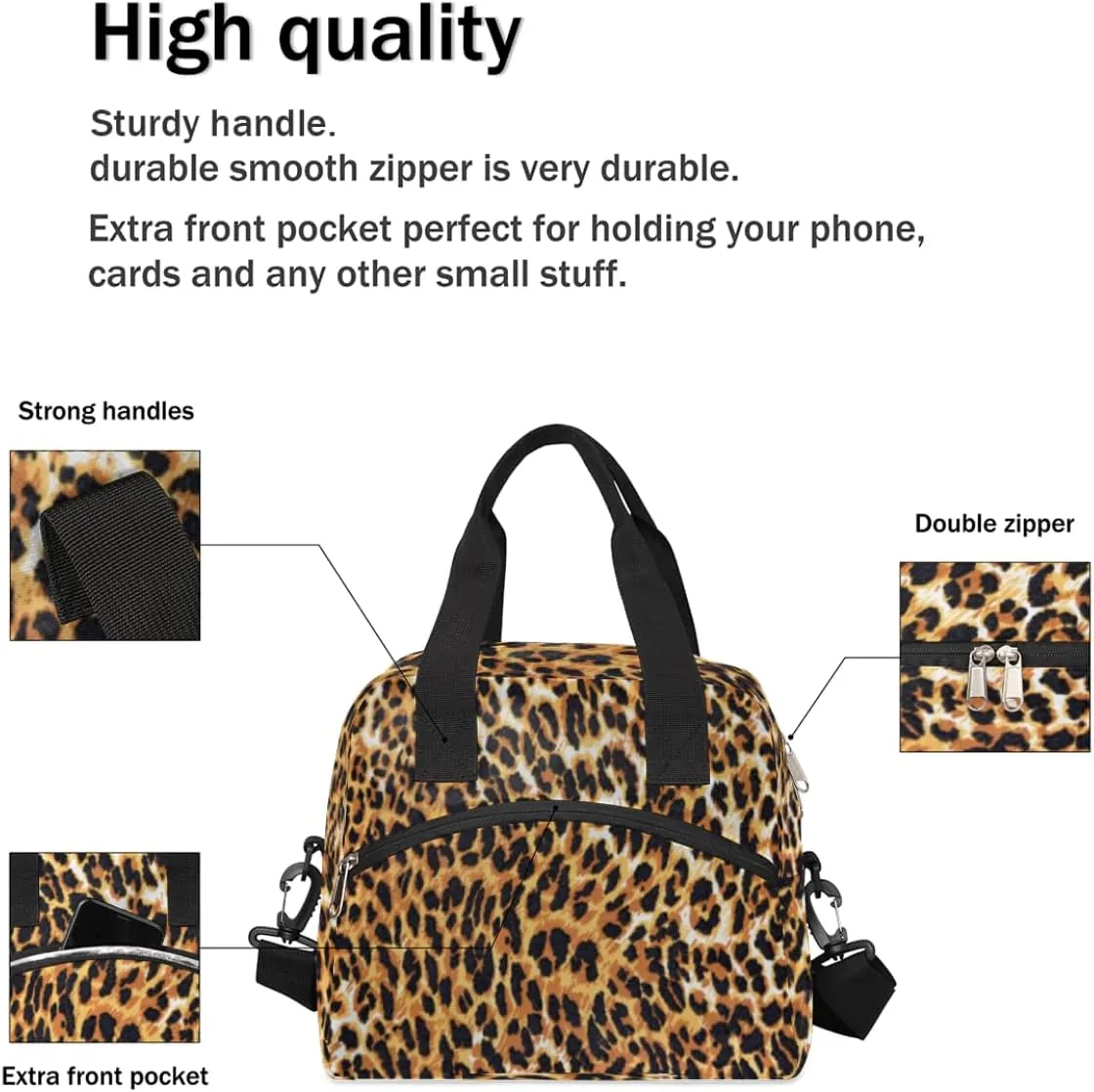 Lunch Bag for Women Men Noble Leopard Print Reusable Durable Insulated Lunch Box for Work Office Picnic Beach Hiking Lunch Tote Bag with Adjustable Shoulder Strap
