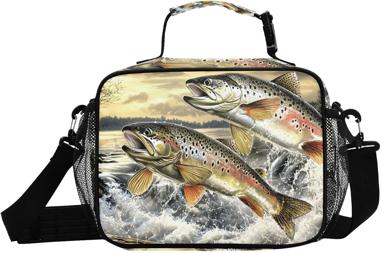 Lunch Box Trout Jump Retro for Men Women Insulated Lunch Bag for Travel, Work, Picnic, Reusable Cooler Tote Bag with Adjustable Shoulder Strap