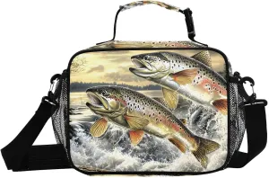 Lunch Box Trout Jump Retro for Men Women Insulated Lunch Bag for Travel, Work, Picnic, Reusable Cooler Tote Bag with Adjustable Shoulder Strap