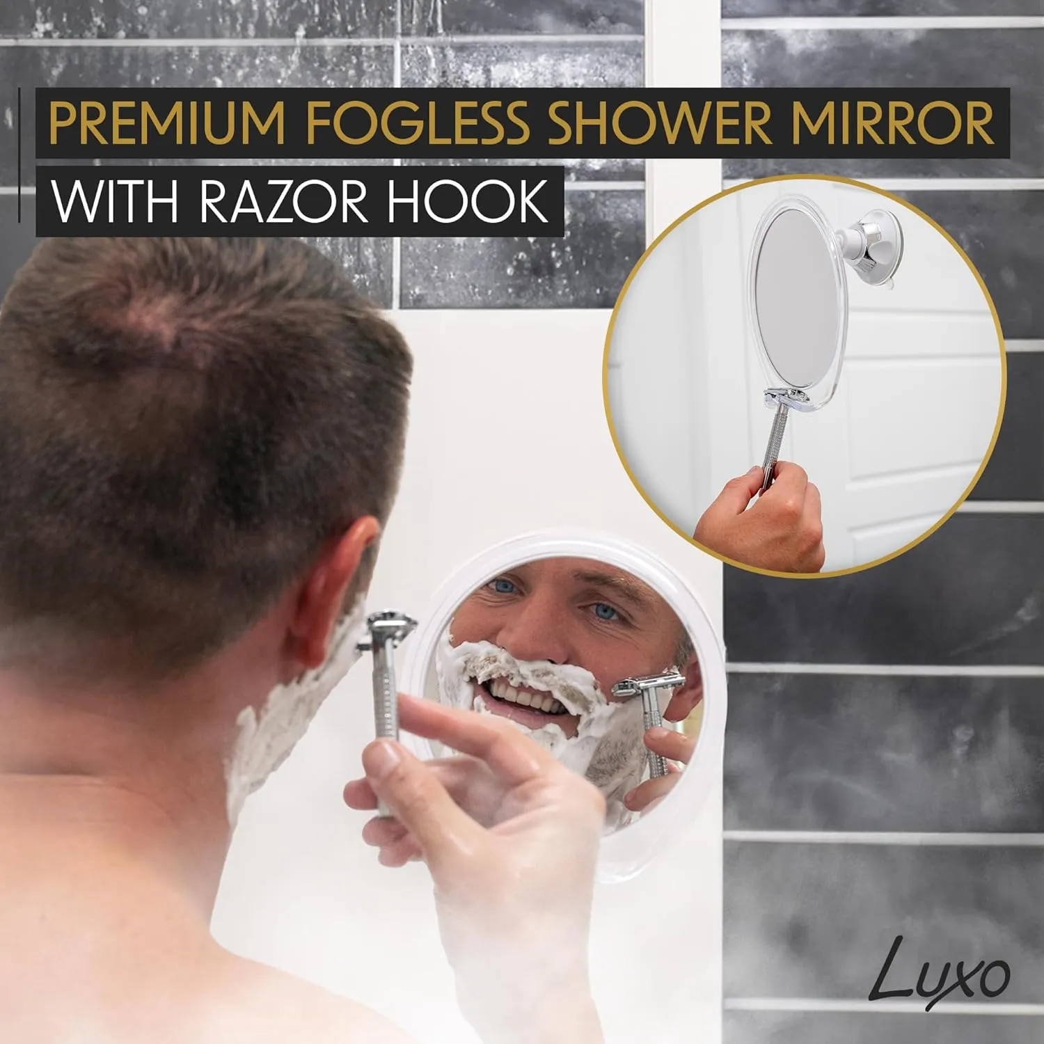 Luxo Shaving Mirror, Shower Mirror with a Razor Holder for Shaving with Powerful Suction Cup - Shatterproof Anti Fog Mirror for Shower (Clear)