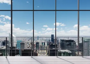 LYWYGG 7x5FT Office Room Backdrop City Vinyl Backdrops Business Street View Skyscraper French Sash Blue Sky White Cloud Sunshine Photography Background for Photo Studio Props CP-311
