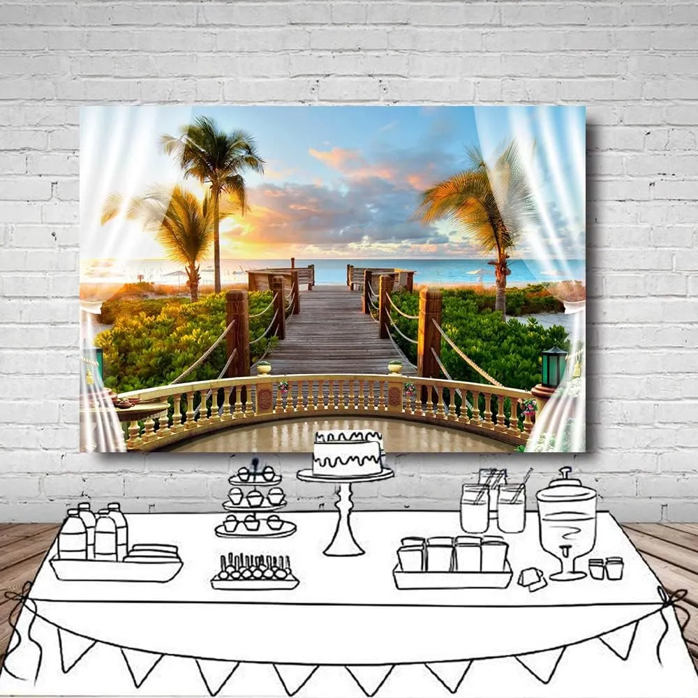 LYWYGG 8x6FT Summer Beach Backdrop Tropical Hawaiian Photography Background Beach Theme Party Backdrops CP-439