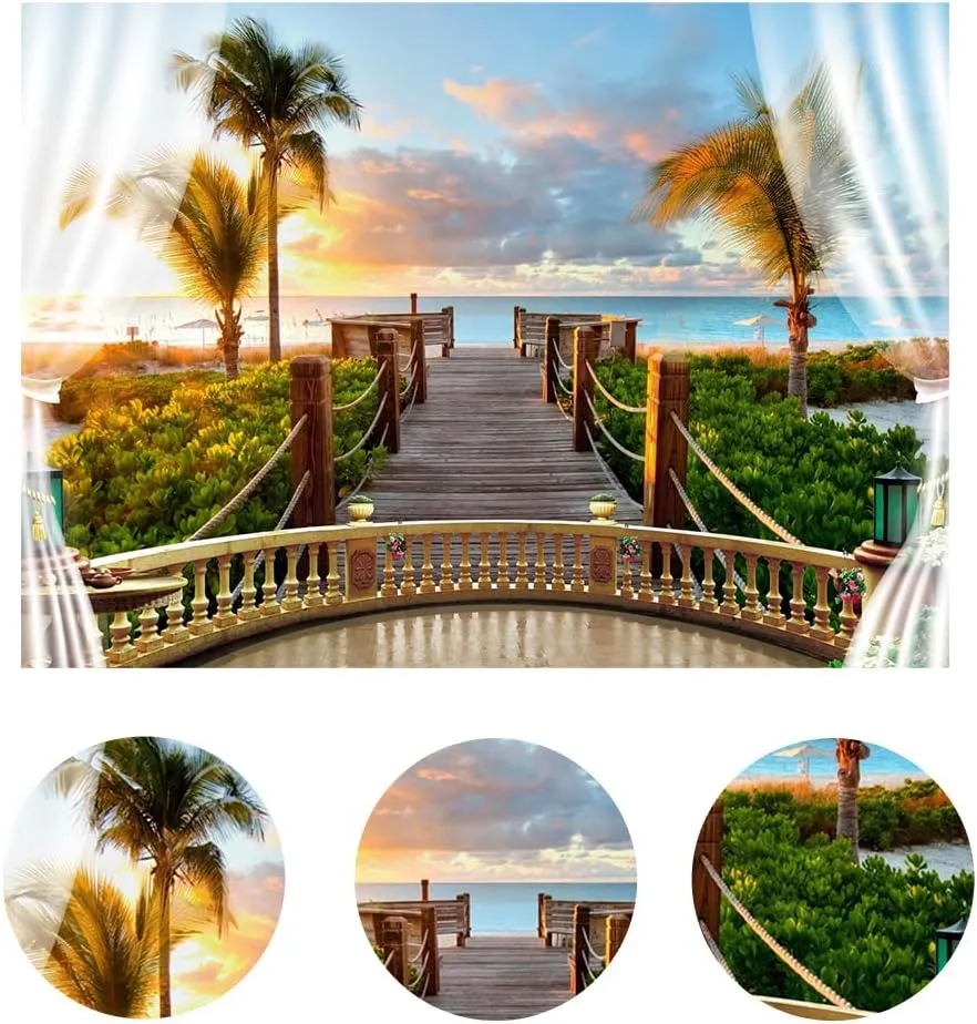 LYWYGG 8x6FT Summer Beach Backdrop Tropical Hawaiian Photography Background Beach Theme Party Backdrops CP-439