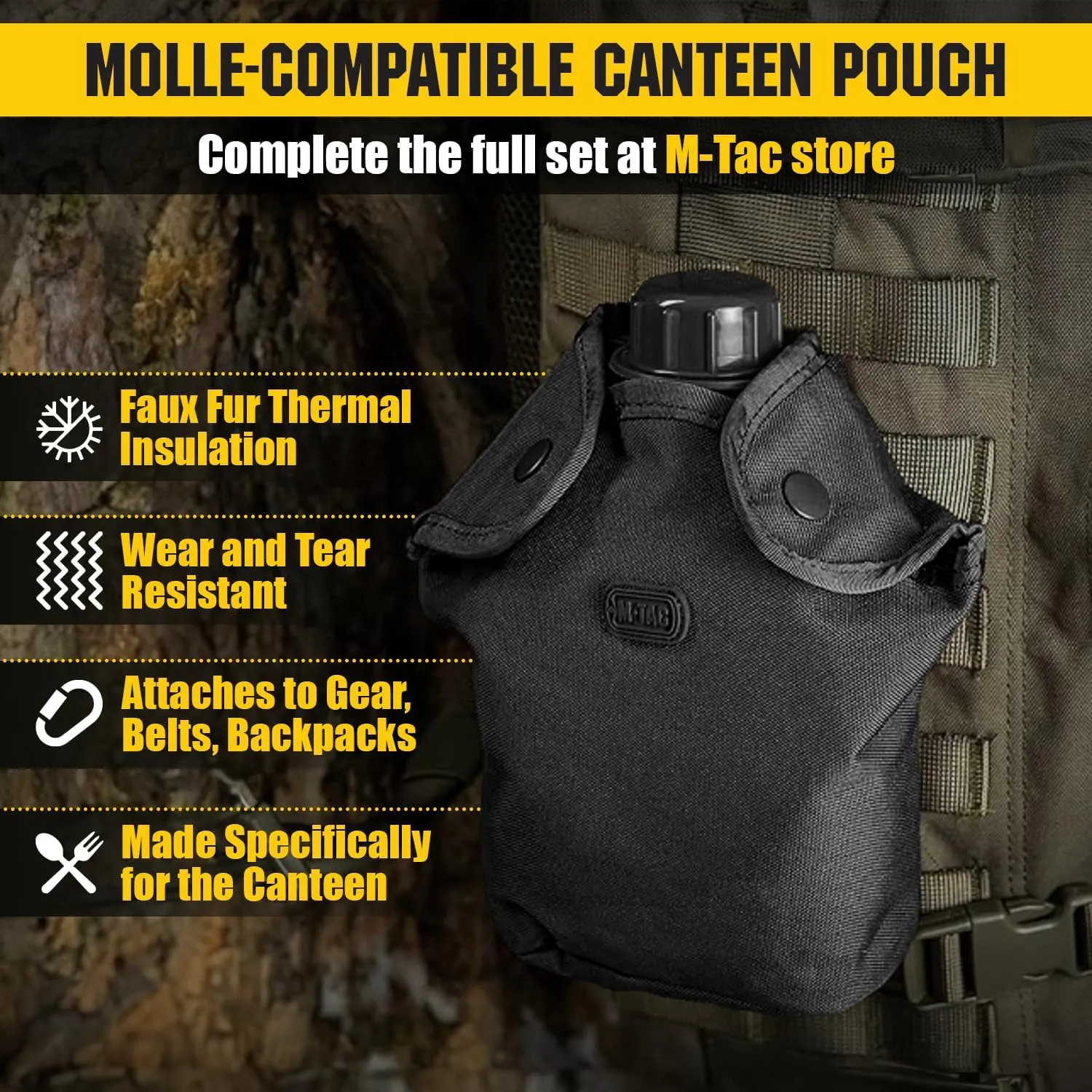 M-Tac Canteen Water Bottle and Cover - 1 Quart Water Canteen Kit (34 Oz/1L) - MOLLE Water Bottle Pouch for Military Hiking Camping (Black)