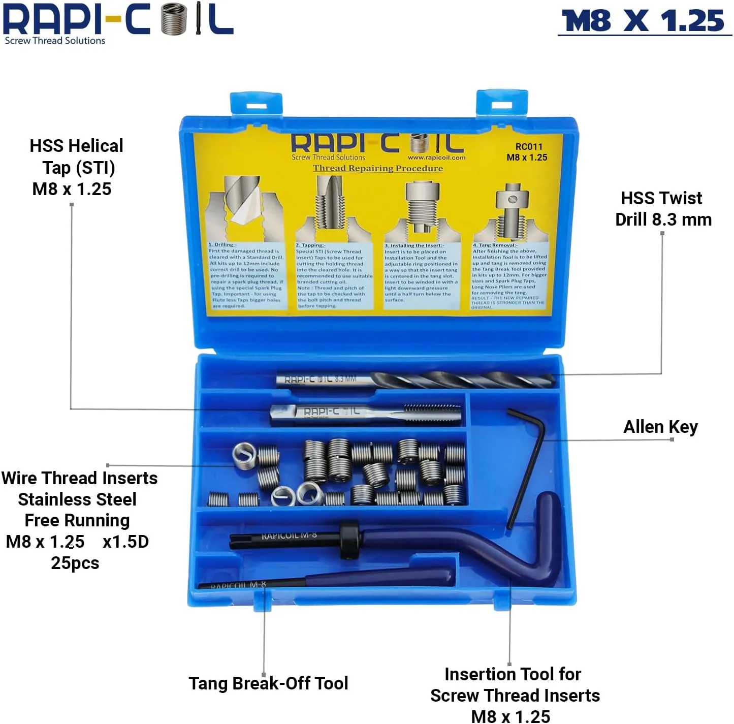 M8 x 1.25 Thread Repair Helicoil Kit, HSS M2 Tap & Drill, SS 304 Wire Inserts - Made in India