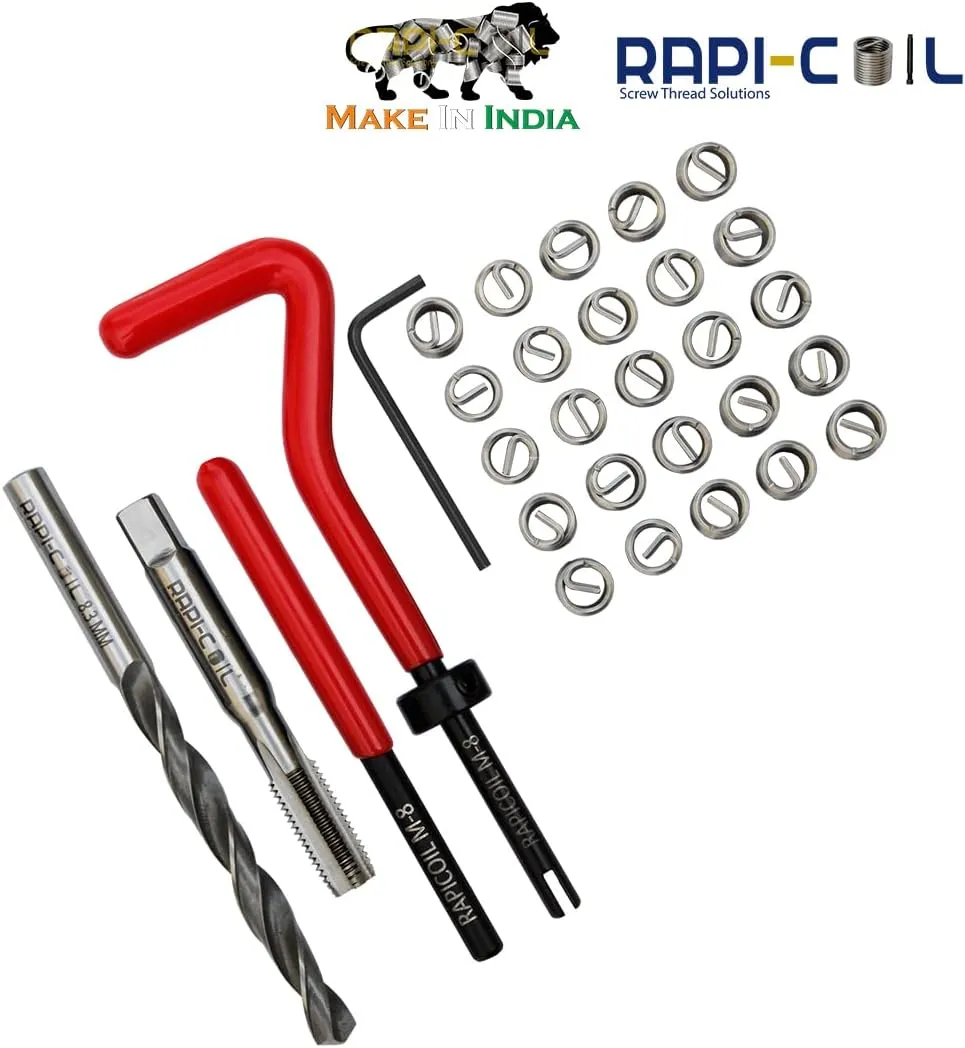 M8 x 1.25 Thread Repair Helicoil Kit, HSS M2 Tap & Drill, SS 304 Wire Inserts - Made in India