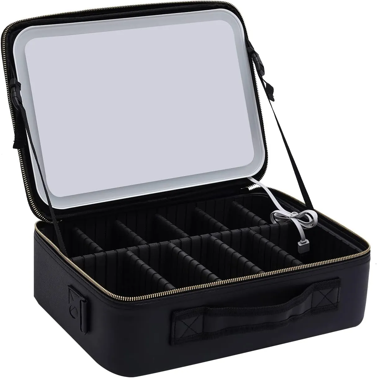 Makeup Train Case With LED Mirror, Professional Travel Cosmetic Bag with Removable Partitions,Compact Makeup Organizer, Waterproof Toiletry Case for Women, Black