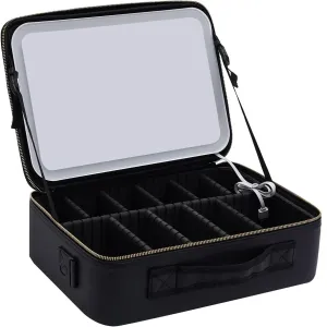 Makeup Train Case With LED Mirror, Professional Travel Cosmetic Bag with Removable Partitions,Compact Makeup Organizer, Waterproof Toiletry Case for Women, Black