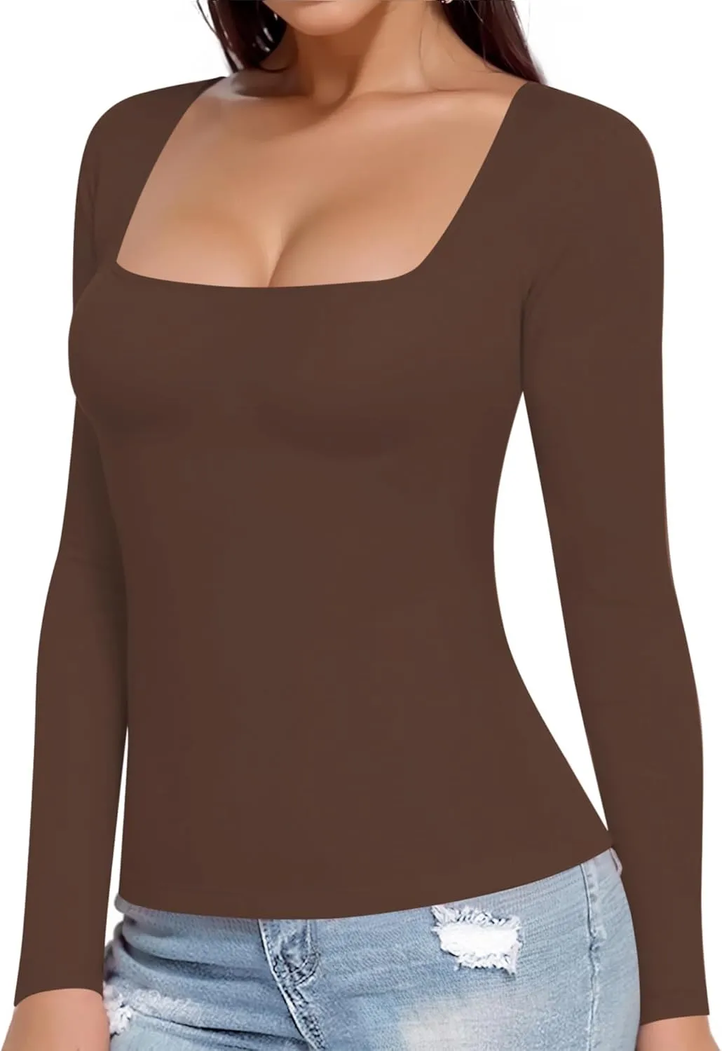 MANGOPOP Womens Square Neck T Shirts Long Sleeve Short Sleeve Tops Fitted Tees