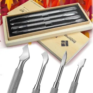Manicure Pedicure Dual Sided Cuticle Pusher Set: Premium Stainless Steel Tools for Cuticles Removal Pusher - 4 Piece Set with Wooden Case by INSTUMAX