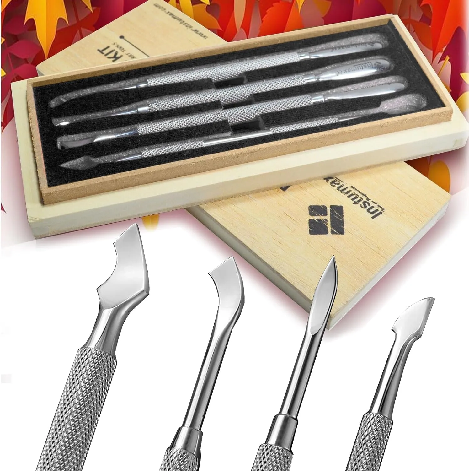 Manicure Pedicure Dual Sided Cuticle Pusher Set: Premium Stainless Steel Tools for Cuticles Removal Pusher - 4 Piece Set with Wooden Case by INSTUMAX