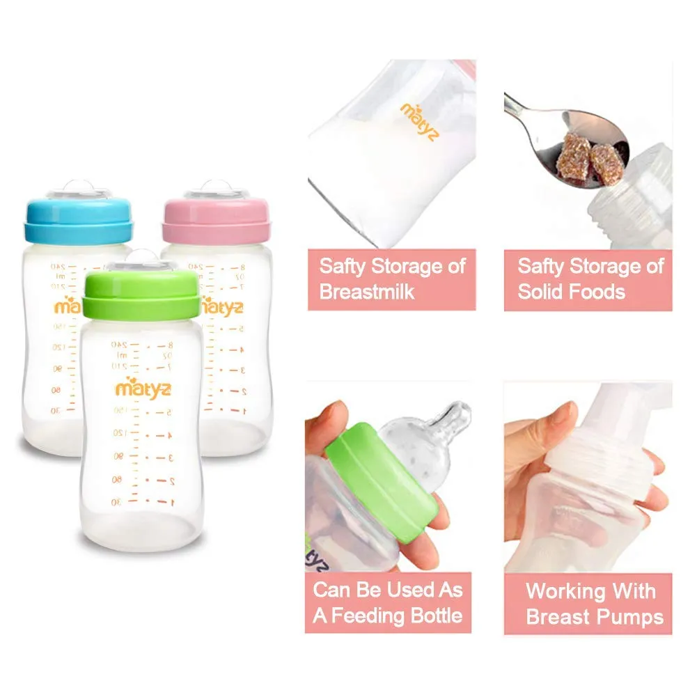 Matyz 4-PACK Breast Milk Collection And Storage Bottles (Pink, 8oz Each) - No BPA Breastmilk Storage Bottles With Lids - Pumping Storage Bottles For Philips Avent Medela Spectra Breast Pumps