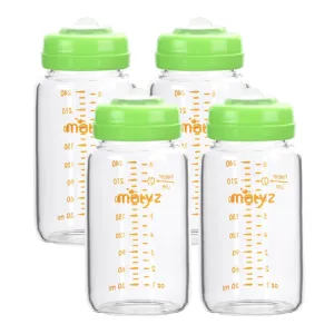 Matyz Glass Breastmilk Storage Containers, 4 Pack, 8 oz Bottle, Compatible with Spectra Medela Philips Pump - Freezer Safe Bottles Set - Leakproof Glass Breast Pump Bottles - No BPA (Green Lids)