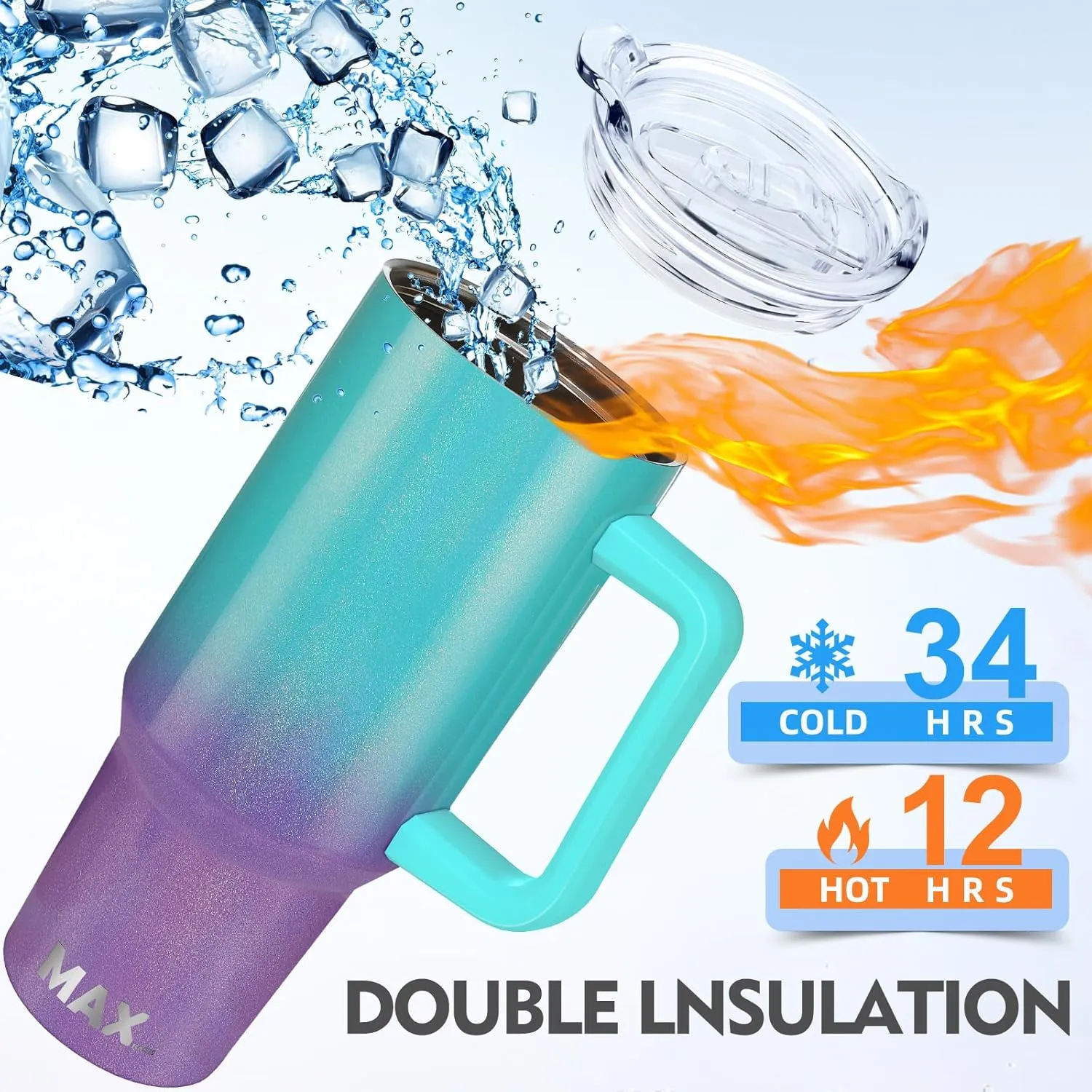 MaxBase 40 Oz Shiny Tumbler with Handle and Straw Lid, Insulated Reusable Stainless Steel Travel Mug Keeps Drinks Cold up to 34 Hours, 100% Leakproof Bottle (L-BluePurple)