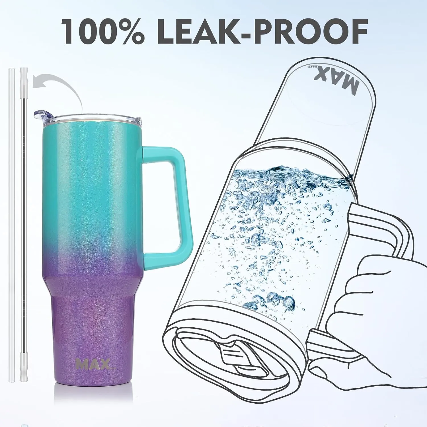 MaxBase 40 Oz Shiny Tumbler with Handle and Straw Lid, Insulated Reusable Stainless Steel Travel Mug Keeps Drinks Cold up to 34 Hours, 100% Leakproof Bottle (L-BluePurple)