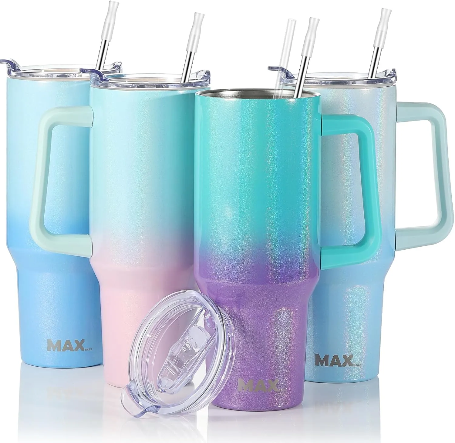 MaxBase 40 Oz Shiny Tumbler with Handle and Straw Lid, Insulated Reusable Stainless Steel Travel Mug Keeps Drinks Cold up to 34 Hours, 100% Leakproof Bottle (L-BluePurple)