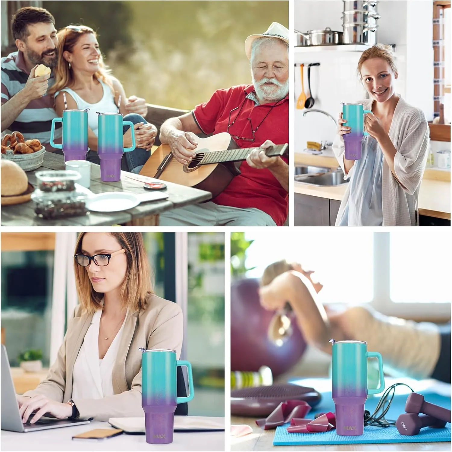 MaxBase 40 Oz Shiny Tumbler with Handle and Straw Lid, Insulated Reusable Stainless Steel Travel Mug Keeps Drinks Cold up to 34 Hours, 100% Leakproof Bottle (L-BluePurple)