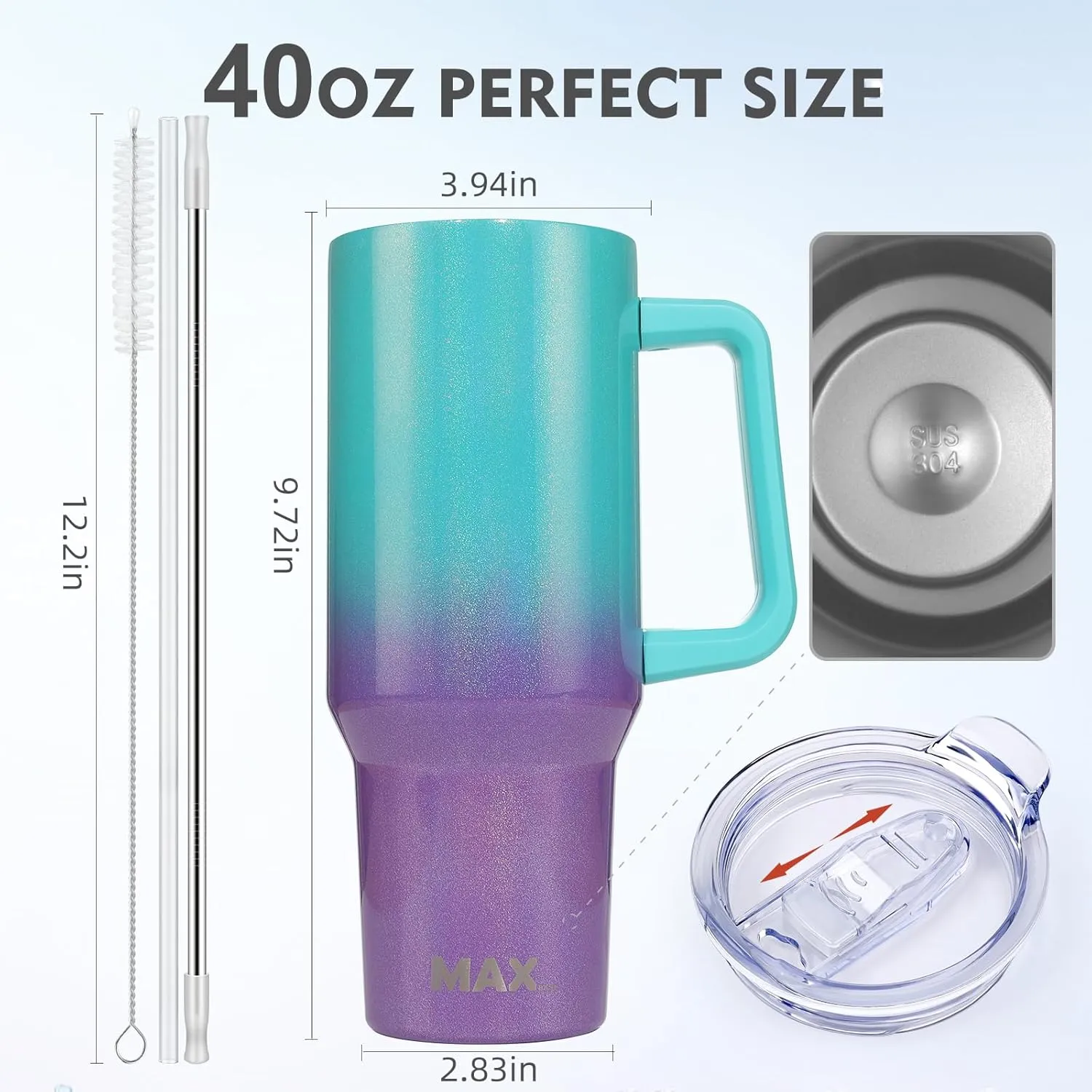 MaxBase 40 Oz Shiny Tumbler with Handle and Straw Lid, Insulated Reusable Stainless Steel Travel Mug Keeps Drinks Cold up to 34 Hours, 100% Leakproof Bottle (L-BluePurple)