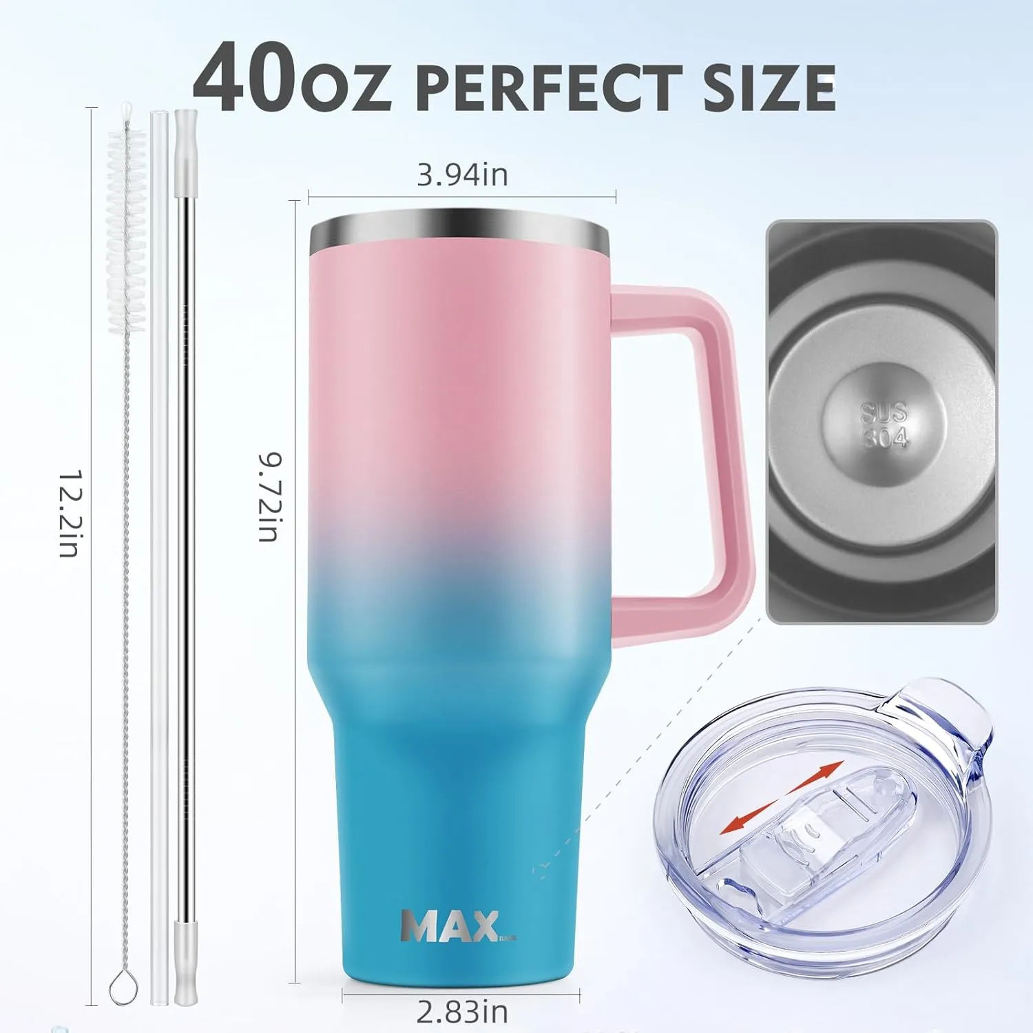 MaxBase 40 Oz Tumbler with Handle and Straw Lid, Insulated Reusable Stainless Steel Travel Mug Keeps Drinks Cold up to 34 Hours, 100% Leakproof Bottle (Bubble)