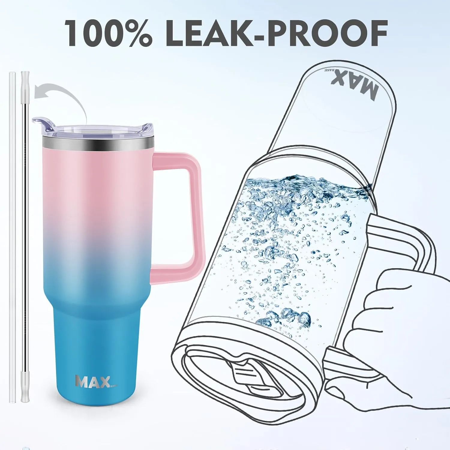 MaxBase 40 Oz Tumbler with Handle and Straw Lid, Insulated Reusable Stainless Steel Travel Mug Keeps Drinks Cold up to 34 Hours, 100% Leakproof Bottle (Bubble)